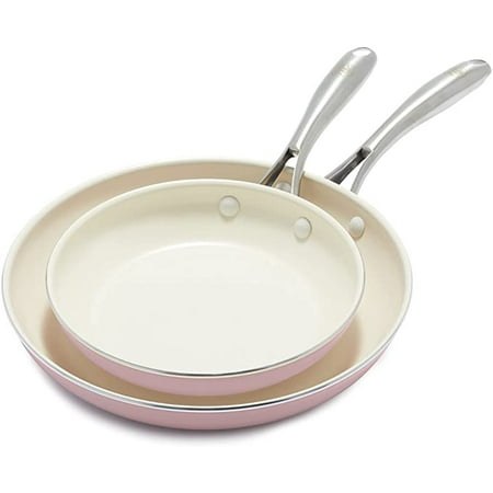 GreenLife Artisan Healthy Ceramic Nonstick  8  and 10  Frying Pan Skillet Set  Stainless Steel Handle  PFAS-Free  Dishwasher Safe  Oven Safe  Soft Pink
