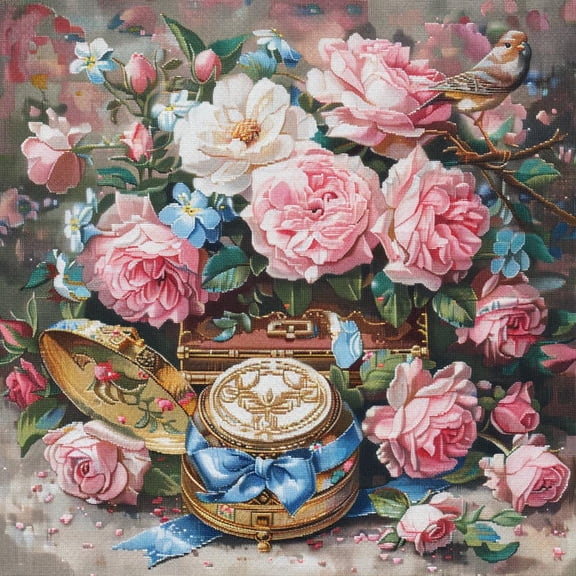 Roses and Robin Birds DIY 11CT Stamped Cross Stitch Kits for Beginners Easy Needlepoint Embroidery Counted Cross Stitch Art Craft for Wall Decoration 14x14inch(1)