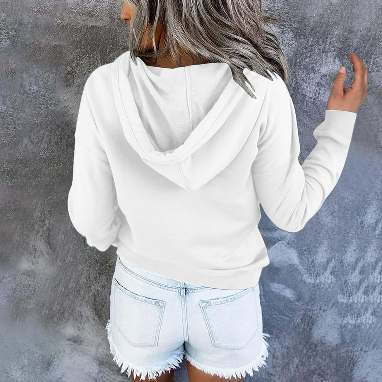 Plain Hoodie for Women Fall Outwear Button Up Cotton Sweatshirt