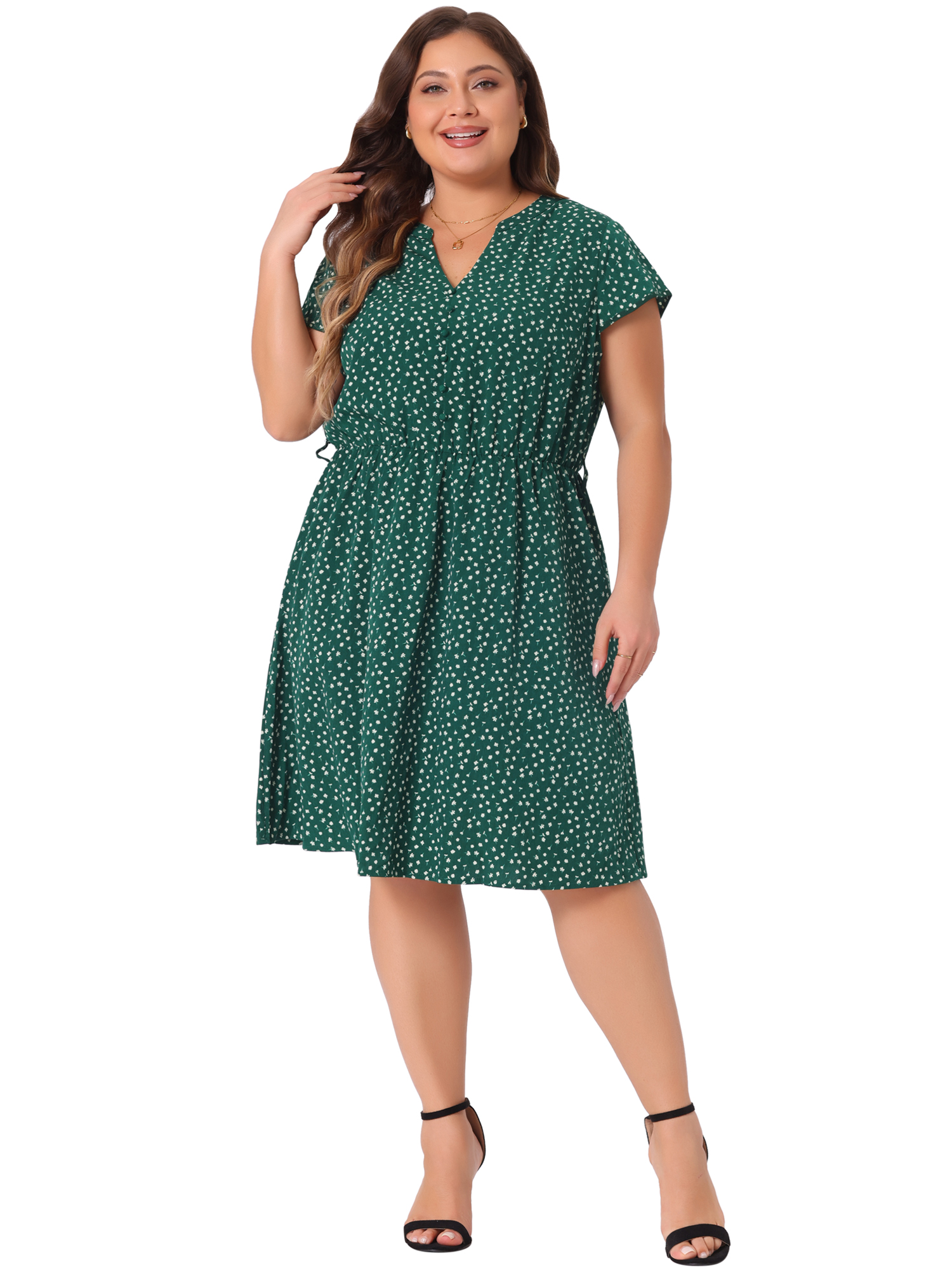 DARING DIVA Plus Size Floral V Neck Tie Belted Dress 4X Dark Green