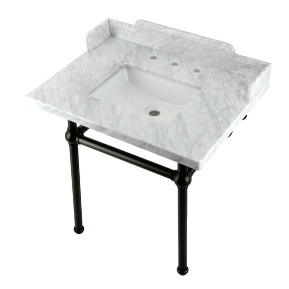 Kingston Brass LMS3030MBSQ5 Pemberton 30" Carrara Marble Console Sink with Brass Legs (8-Inch, 3-Hole), Carrara Marble White/Oil Rubbed Bronze