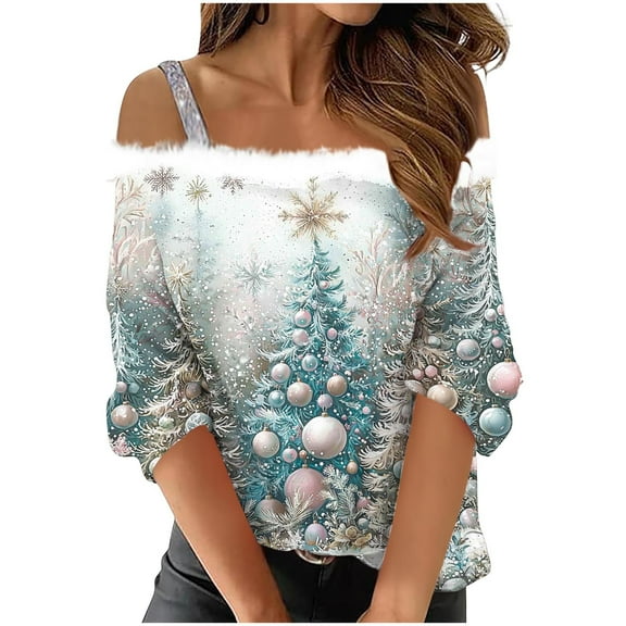 asdoklhq Christmas Long Sleeve Shirts for Women Fashion Shoulder Strap Christmas Printed T-shirt with 7/3 Sleeves and 4/3 Sleeves Top Light Blue 3X