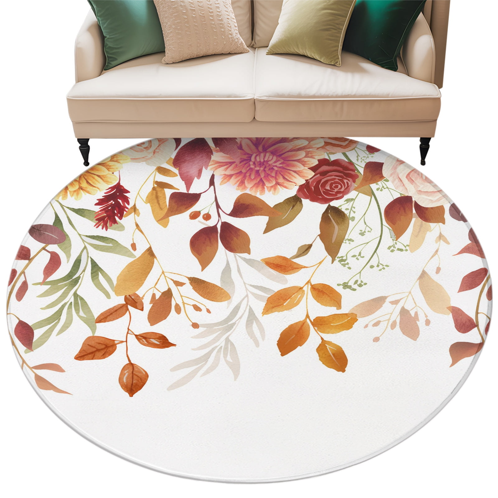 Washable Round Area Rug Autumn Watercolor Flower Orange Leaves Circle Rugs Floor Carpet for Living Room Bedroom Fallen Leaves Soft Non Slip Round Rug 5ft