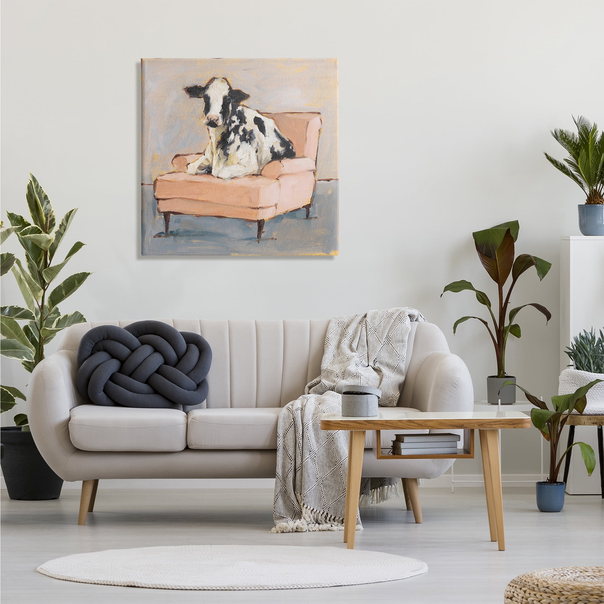 Sweet Baby Calf on a Pink Couch Neutral Color Painting Canvas Wall Art