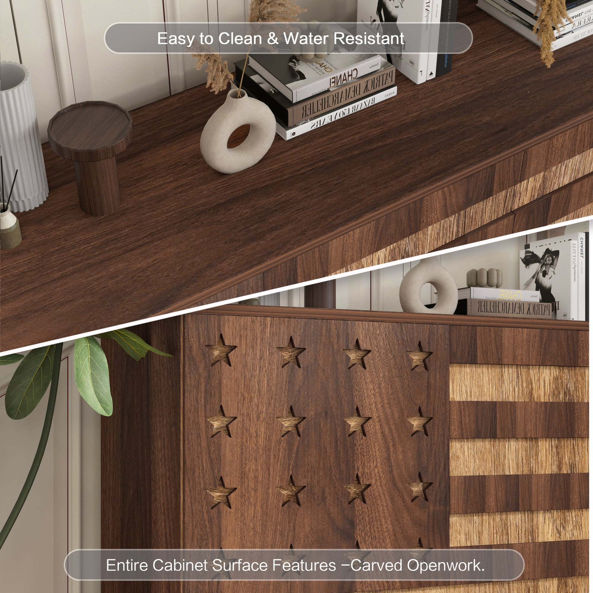 Leumius 55"Buffet Sideboard Cabinet Storage, Versatile Kitchen Storage Cabinet with Hand Carved Craftsmanship Featuring 2 Drawers and 3 Doors for Living Room Home Office Walnut