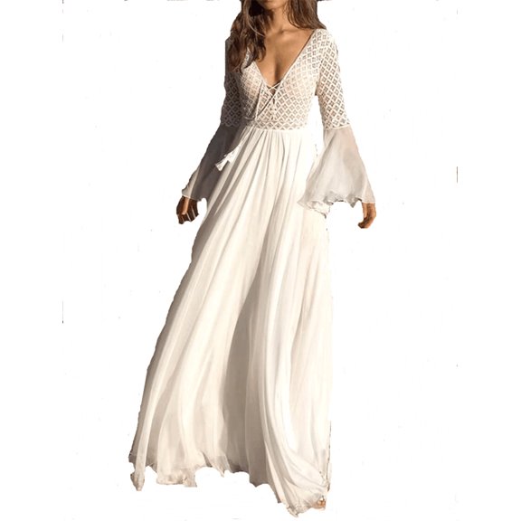 Spring/Summer Bohemian Lace Patchwork Dress, Deep V-neck, Flared Sleeves, Fitted Waist, Floor-length Skirt