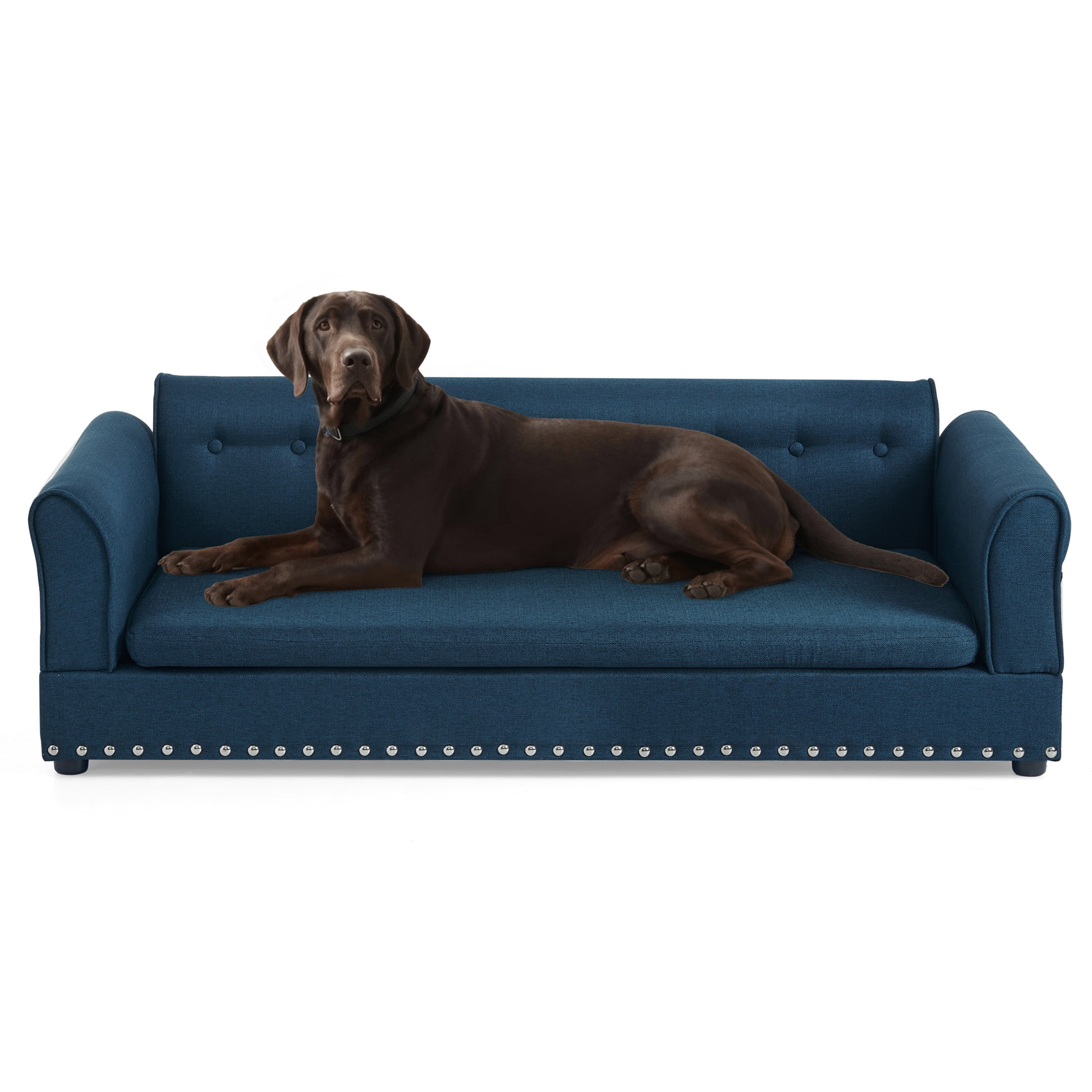 Noble House 55" Comfortable Elevated Pet Sofa, Elegant Oversized Linen Dog Bed with Support Armrests, Dark Blue