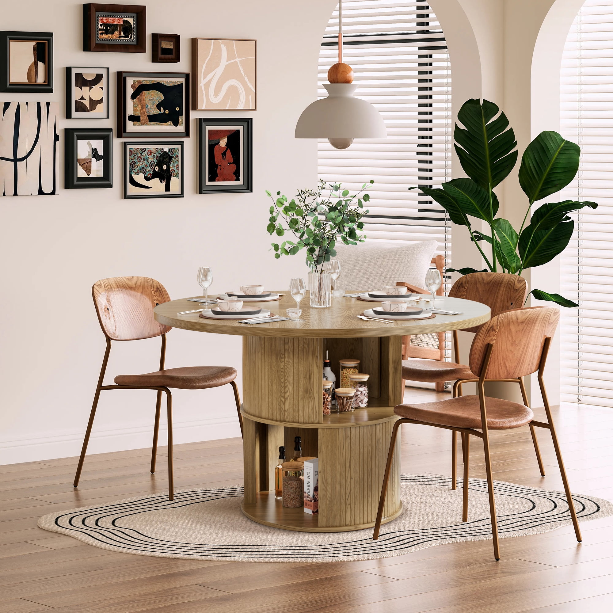 Fiogmub 47 inch Round Dining Table for 4, Circle Kitchen Table with Storage Shelf, Modern Dinner Table for Living Room, Wood Color