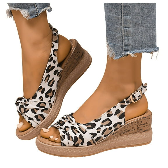 Womens Platform Dress Sandals 2025 Fashion Leopard Bow Peep Toe Wedge High Heel Dressy Sandals for Ladies