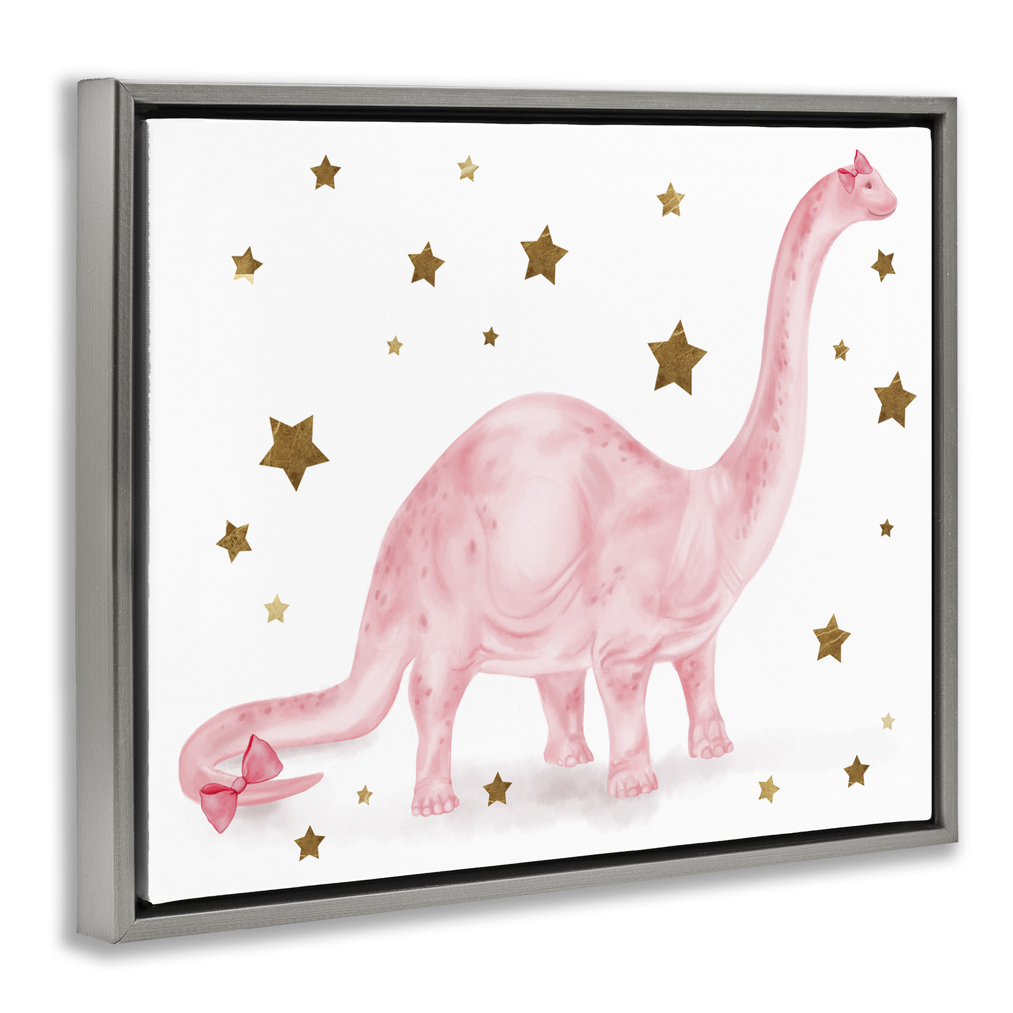 Stupell Industries Pink Dinosaur with Gold Stars Animals & Insects Painting Gray Floater Framed Canvas Art Print Wall Art, 31 x 25