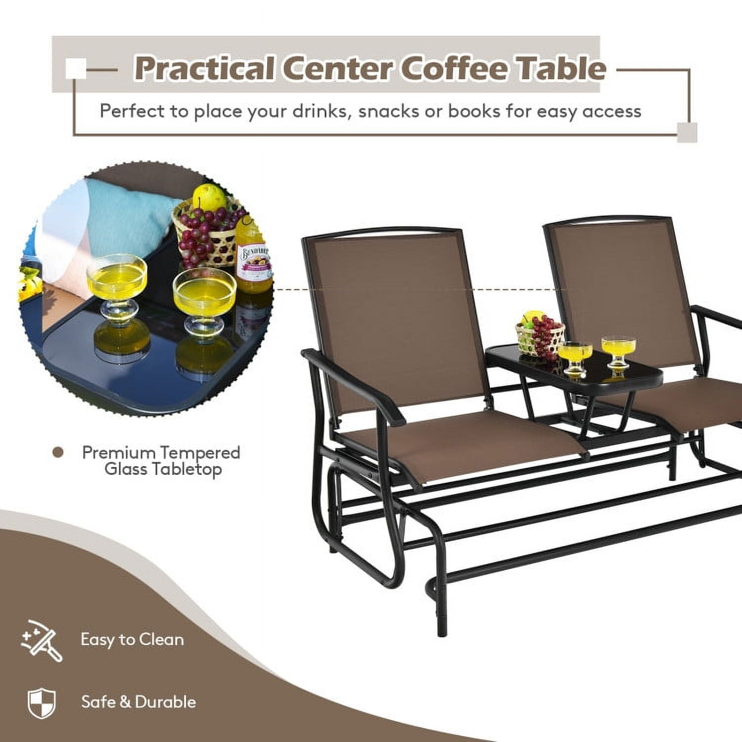 Aimee Lii Outdoor Patio Furniture Set, 2-Person Double Rocking Loveseat with Mesh Fabric and Center Tempered Glass Table, Brown