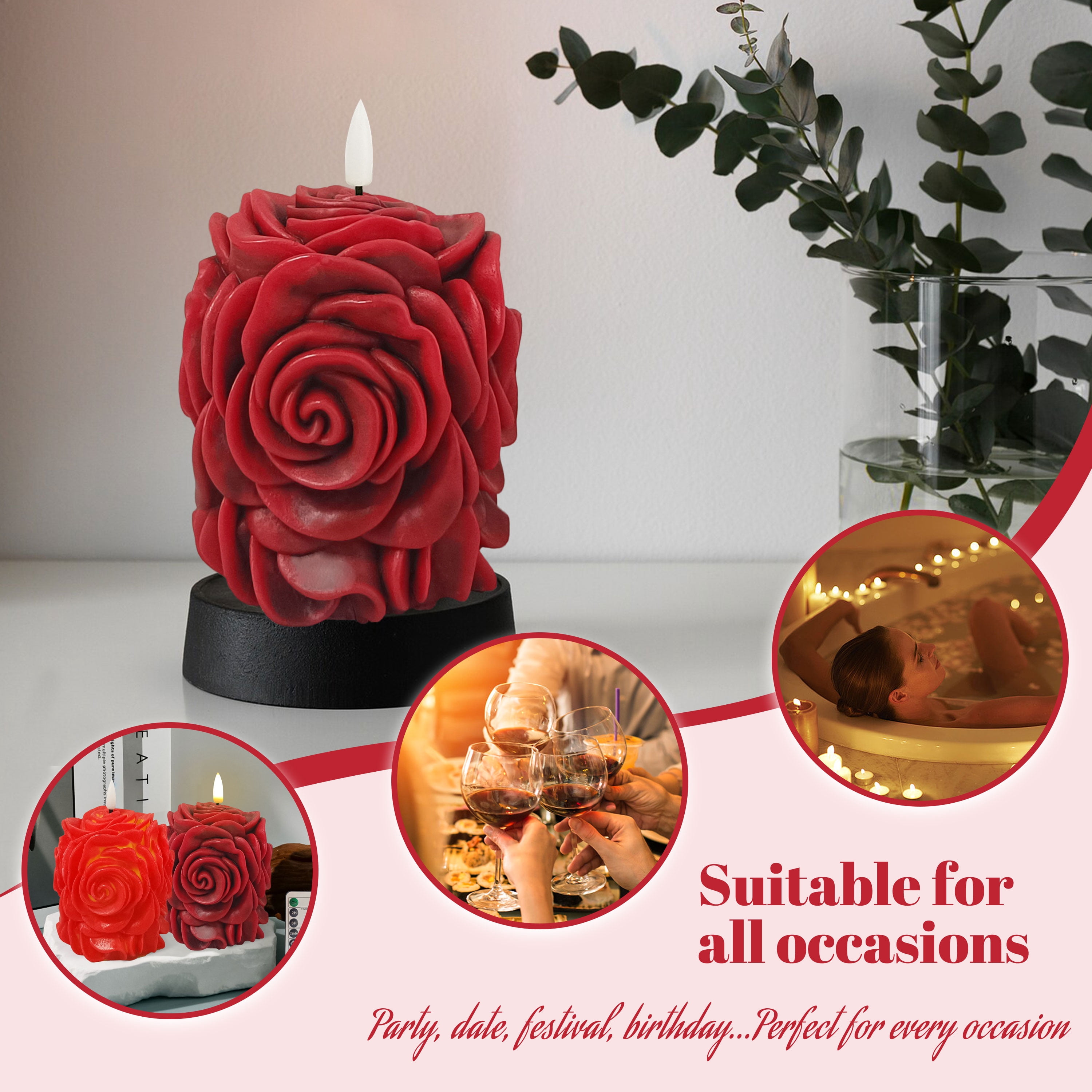 Rose Flower Flickering Flameless Candles, Real Wax LED Candles with Remote and Timer, 3.8 Inch Battery Operated Pillar Candles for Room Elegant Decor Home Wedding Decoration