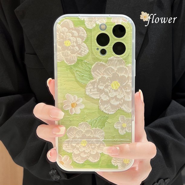 Green oil painting flowers for iphone13promax apple 12 phone case 11  advanced built-in bracket