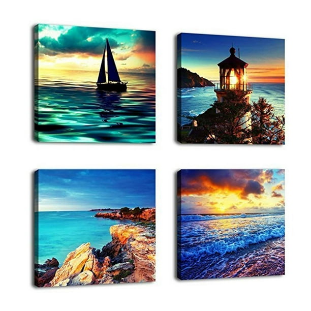 4 Paneles de Paisaje Marino Y Pya, Imagen de , Impresiones en , Arte de Pared, Póster, Ilustraciones, , Decoración de perfecl Cuadro de pintura de lienzo