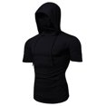 thumbnail image 2 of Men's Solid Color Short Sleeve Mask Hoodie, Casual Sports Pullover Top for Summer, Outdoor Activities,Black,L, 2 of 4