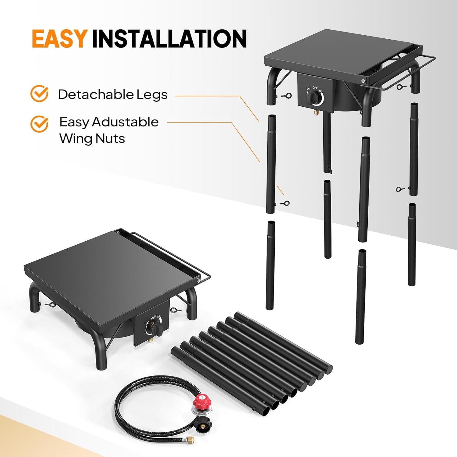VINGLI Single Burner Propane Gas Stove with Side Shelves & Carrying Bag, 100,000 BTU Portable Stove with Removable Legs & Regulator for Camping Home Backyard Cooking Brewing Canning Turkey Frying