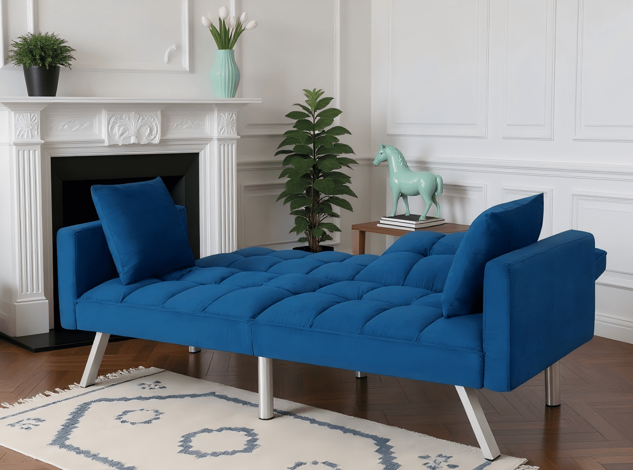Gewnee 74"Velvet Upholstered Modern Convertible Futon, Adjustable Folding Sofa Bed, Guest Bed for Living Room, Bedroom, Apartment (Navy Blue)