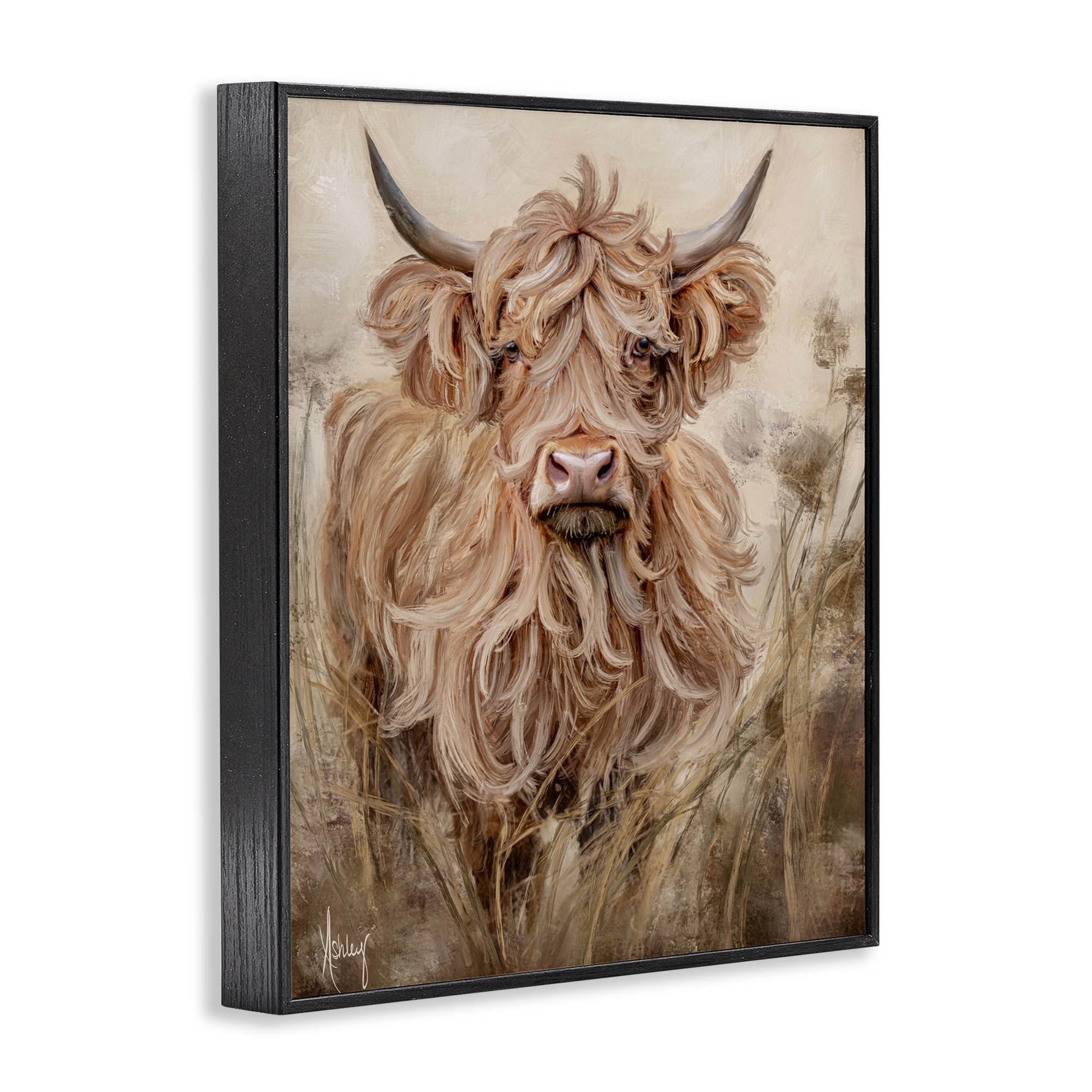 Curly Haired Highland Cattle Black Framed Giclee Art, design by Ashley Bradley