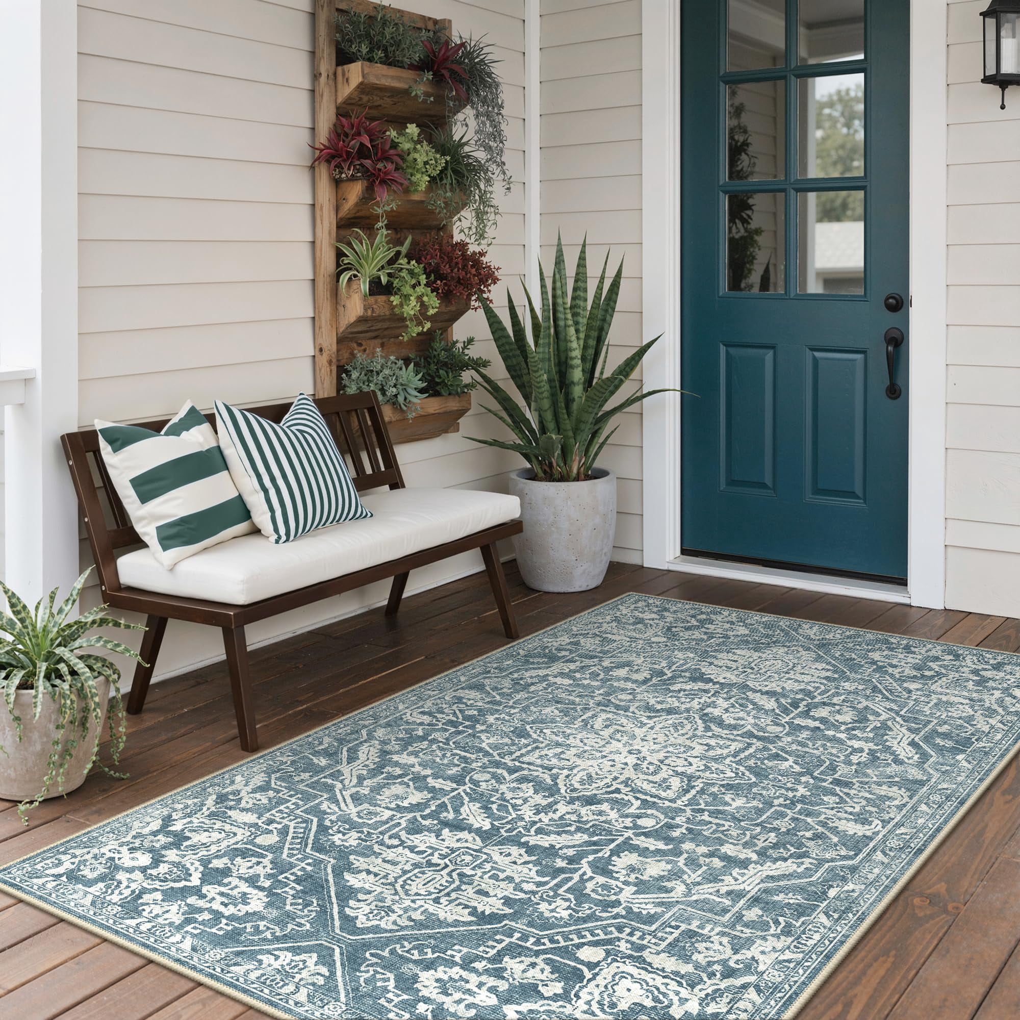 Outdoor & Indoor Area Rug 8'x10'  Waterproof Non-shedding Easy Cleaning Boho Front Door Mat For Patio Entryway Porch Living Room Bedroom Bathroom Outside Carpet Aqua Green