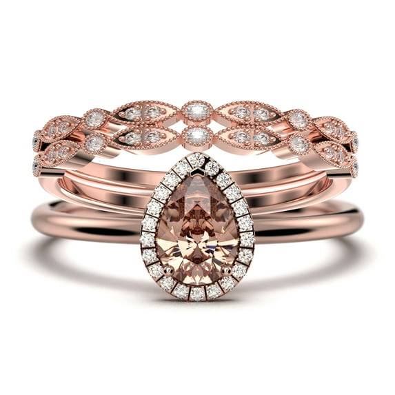 Beautiful Art Deco 2.25 Carat Pear Cut Affordable Morganite And Diamond Moissanite Engagement Ring, Classic Wedding Ring, Two Matching Band in 925 Sterling Silver With 18k Rose Gold Plating