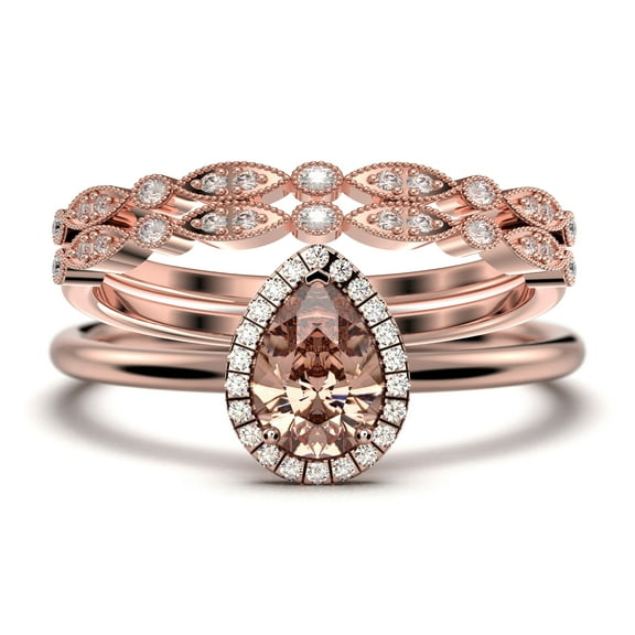 Beautiful Art Deco 2.25 Carat Pear Cut Affordable Morganite And Diamond Moissanite Engagement Ring, Classic Wedding Ring, Two Matching Band in 925 Sterling Silver With 18k Rose Gold Plating