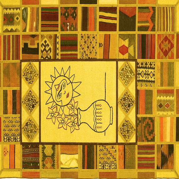 Ahgly Company Machine Washable Indoor Square Patchwork Yellow Transitional Area Rugs, 4' Square