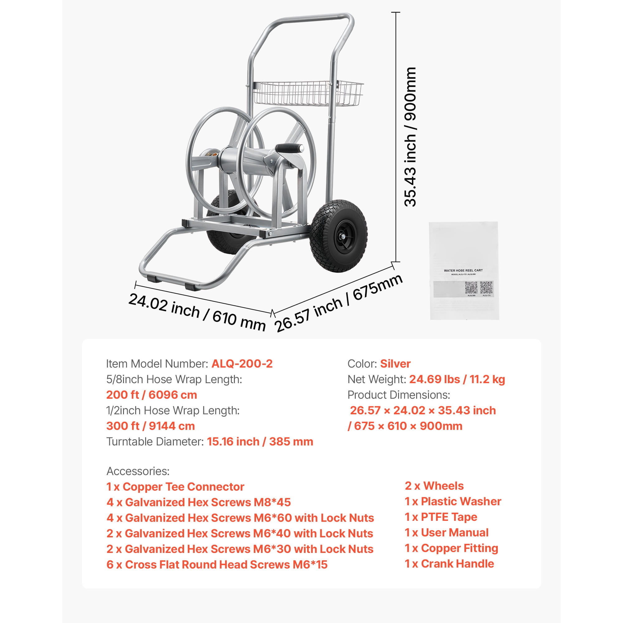 KFFKFF Portable Water Hose Reel Cart, 200/300ft High-Pressure Garden Hose Storage with Two Wheels, Handle & Durable Mesh Basket, Versatile Hose Organizer for Gardening, Vehicle Cleaning, and Pet Care