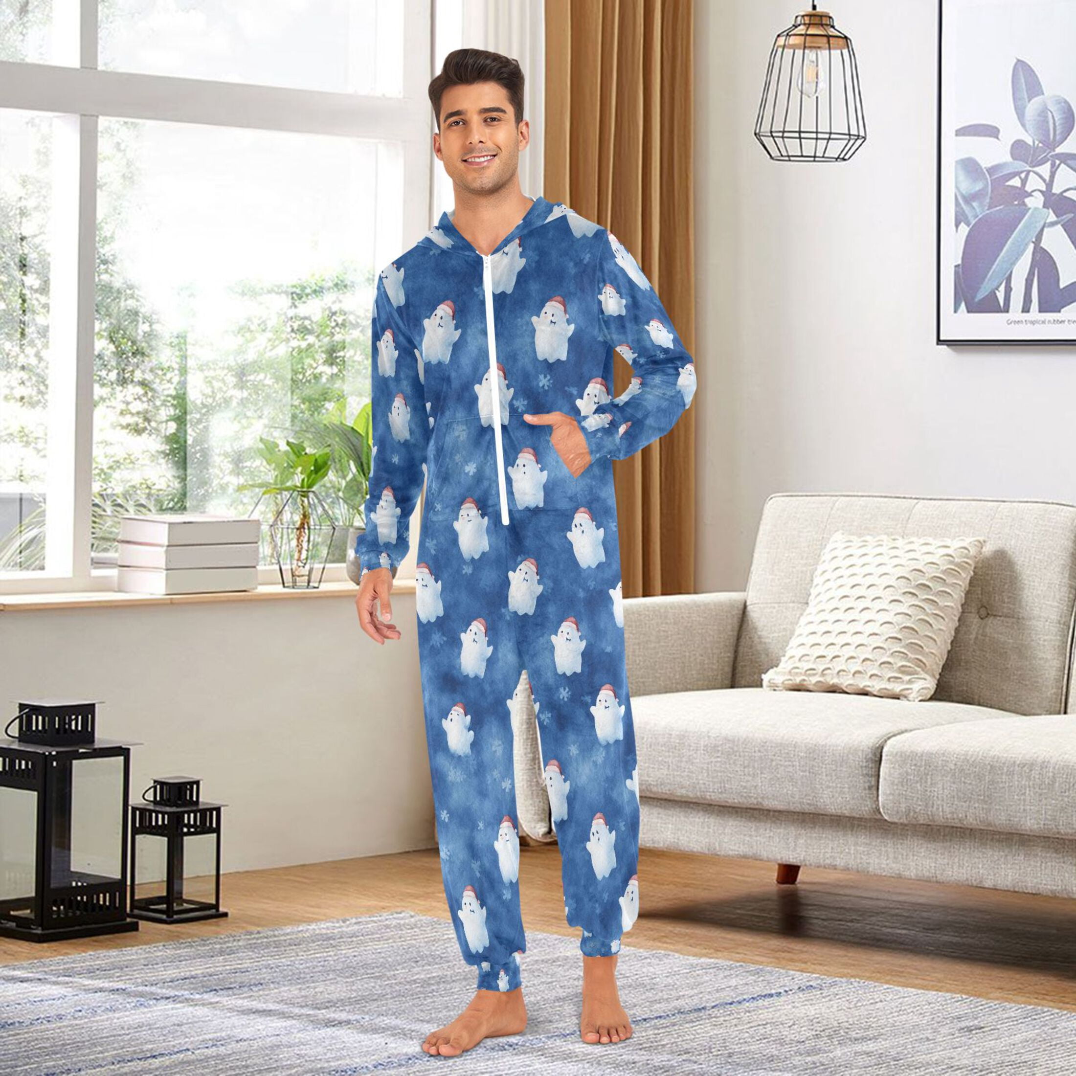 Adult Christmas Onesie Watercolor Christmas Ghost Adult Zipper One-Piece Pajamas Unisex Pajamas with Pockets