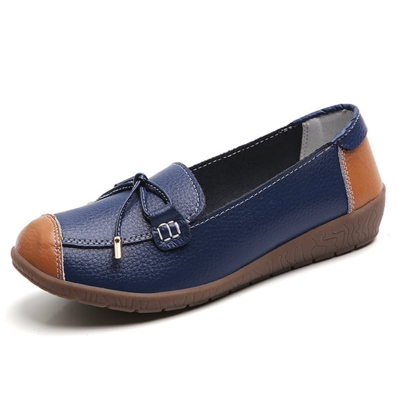 Bowknot Leather Loafers for Women Lightweight Walking Flats Comfortable Wide Toe Box Non Slip Work Shoes Blue Size 9