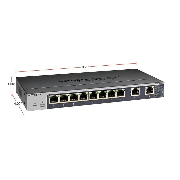 NETGEAR 10-Port Gigabit/10G Ethernet Unmanaged Switch (GS110MX) - with 8 x  1G, 2 x 10G/Multi-gig, Desktop, Wall or Rackmount, and Limited Lifetime