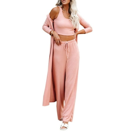 

Yskkt Womens Pajamas Set Fall 3 Piece Loungewear Set Crop Vest Top Loose Pants and Cardigan Knitwear Jumpsuit Warm