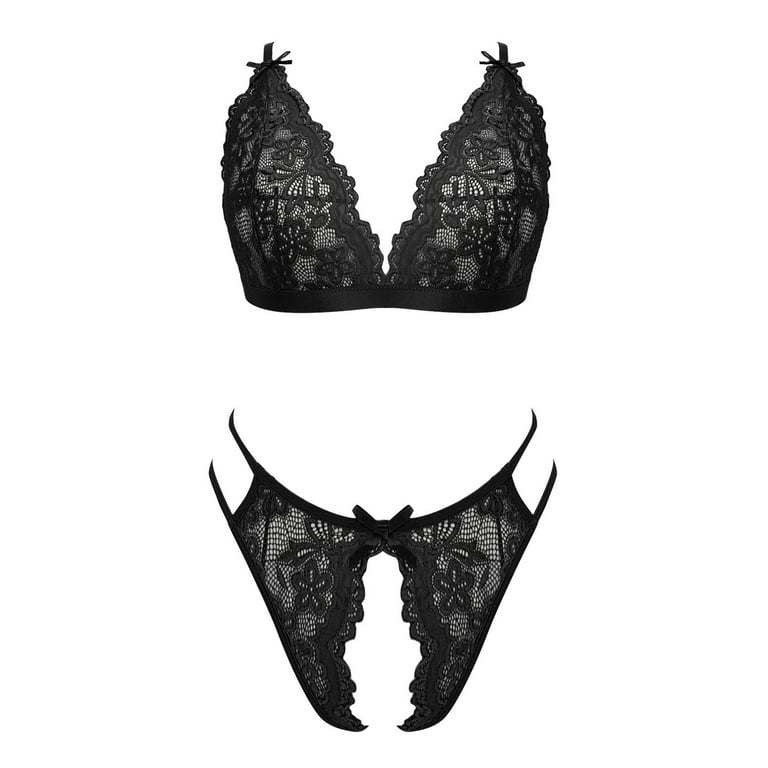 sexy 4PC bib hollow stitching metal underwear mesh Women's set Lace  Lingerie Set Garter (Black, M)