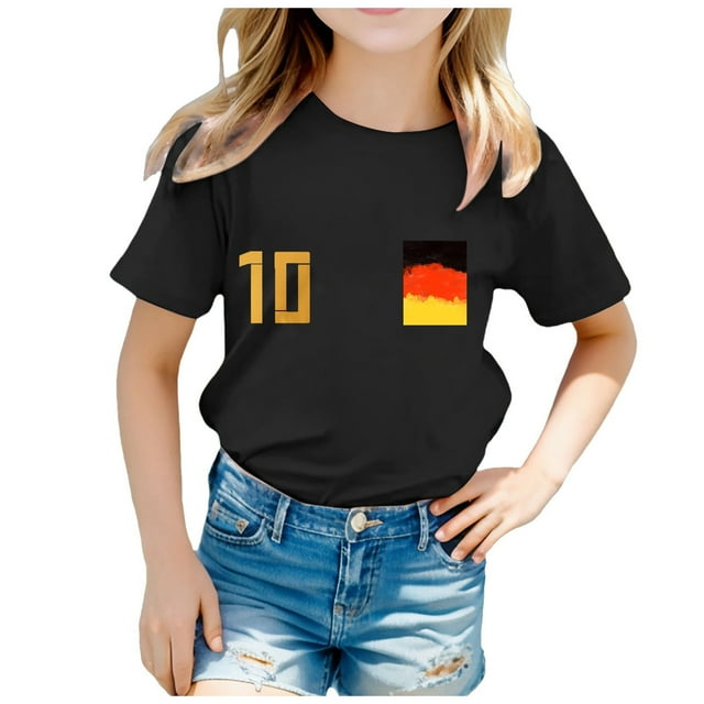 WEAIXIMIUNG Hauts d'Hiver pour Filles 2024 Coupe d'Europe pour Enfants Mode Équipe Imprimée Manches Courtes Col Rond T-Shirt 10 12-13 Ans