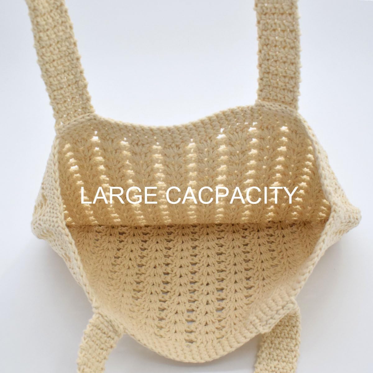 CAILDANL Boho Crochet Summer Handbag Handmade Cotton Rope Knit Shoulder Bags for Women Bohemia Tote for Travel