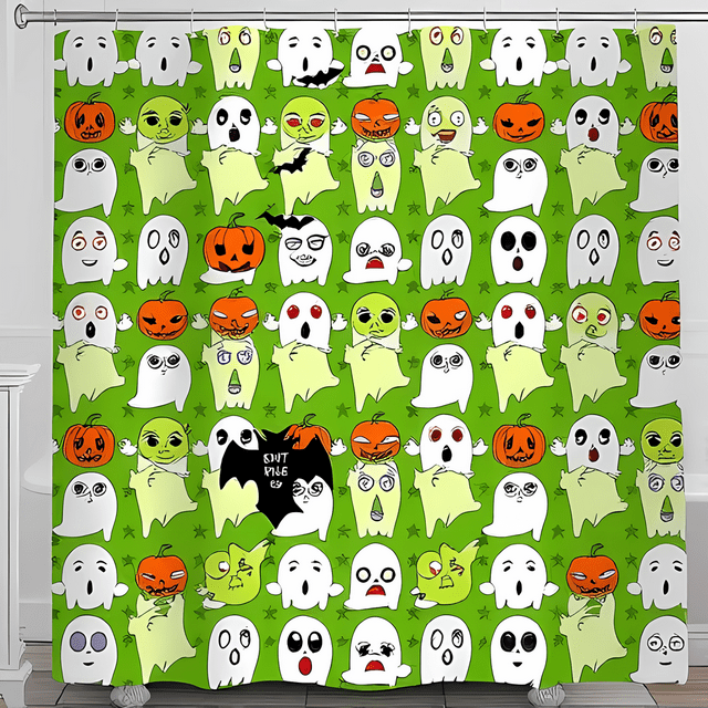 Whimsical Green Halloween Shower Curtain with Cartoon Ghosts Lanterns - Fun & Festive Bathroom Décor