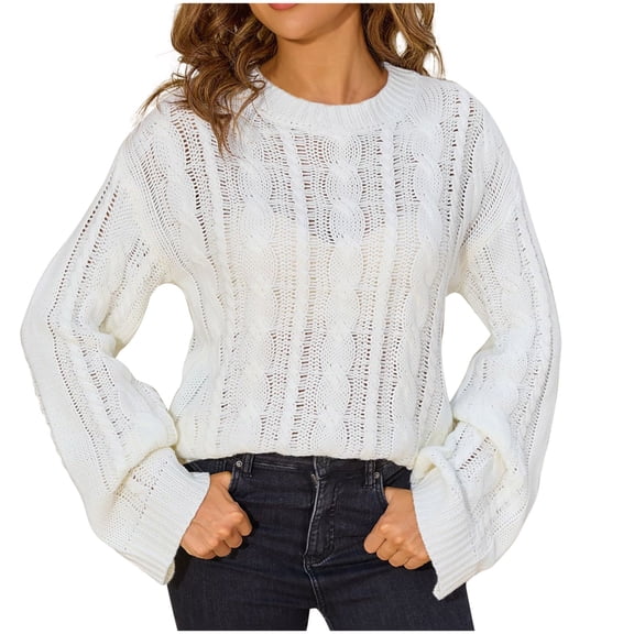 TFEOQRY Women's Crochet Sweater Cable Knit Crew Neck Long Sleeve Loose Casual Fall Winter Fashion Pullover White
