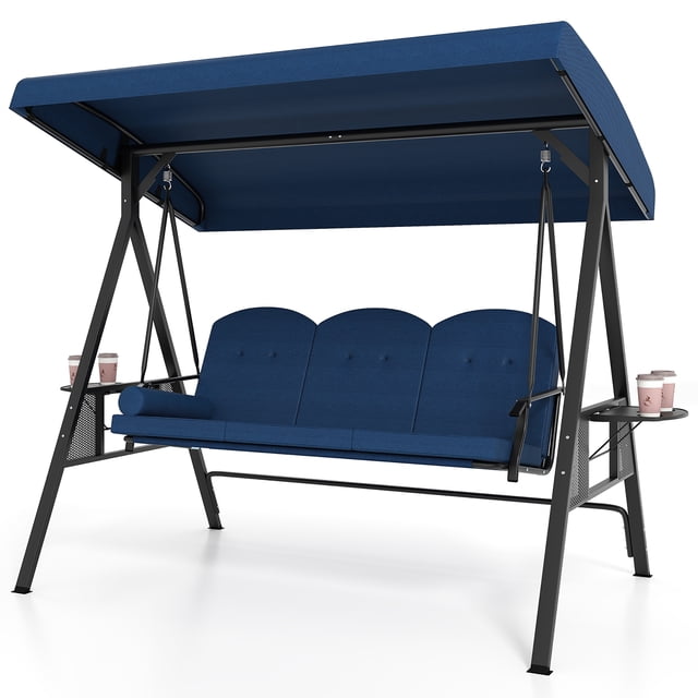 Gymax 3-Seat Patio Swing Chair w/ Adjustable Canopy Thickened Cushions Pillow Outdooor Navy