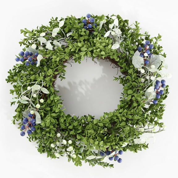 SAFAVIEH Faux 24 Inch Boxwood & Berry Wreath, Green/Blue