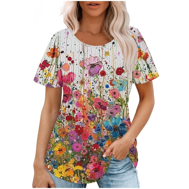 Tops de Algodón para Mujeres Manga Corta de Ajuste Suelto Impreso, Casual Cuello Redondo Blusa de Moda