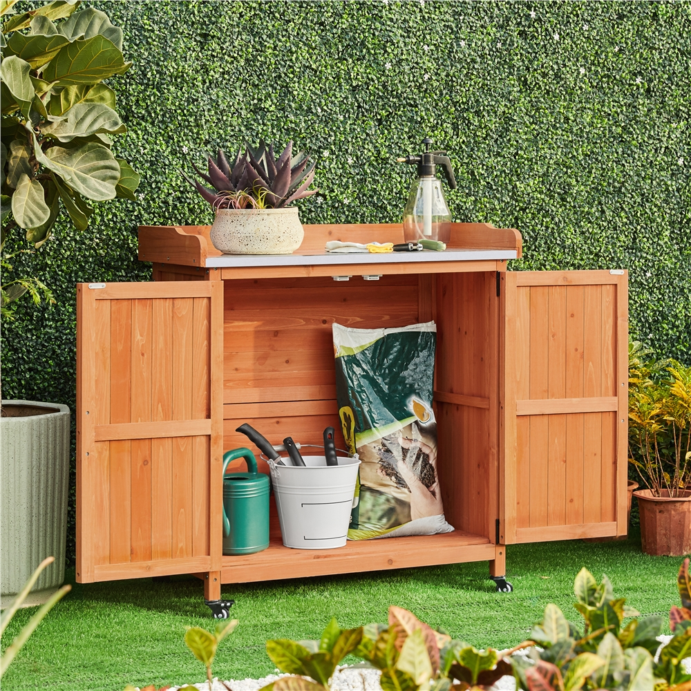 Renwick Garden Potting Bench Table with Cabinet, Brown