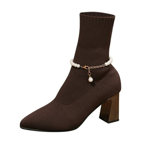 

Fsqjgq Women s Boots Size 12 Ladies Fashion Solid Color Breathable Knit Pearl Chain Pointed Toe High Heel Short Boots Dress Shoes Bow Women Brown 37