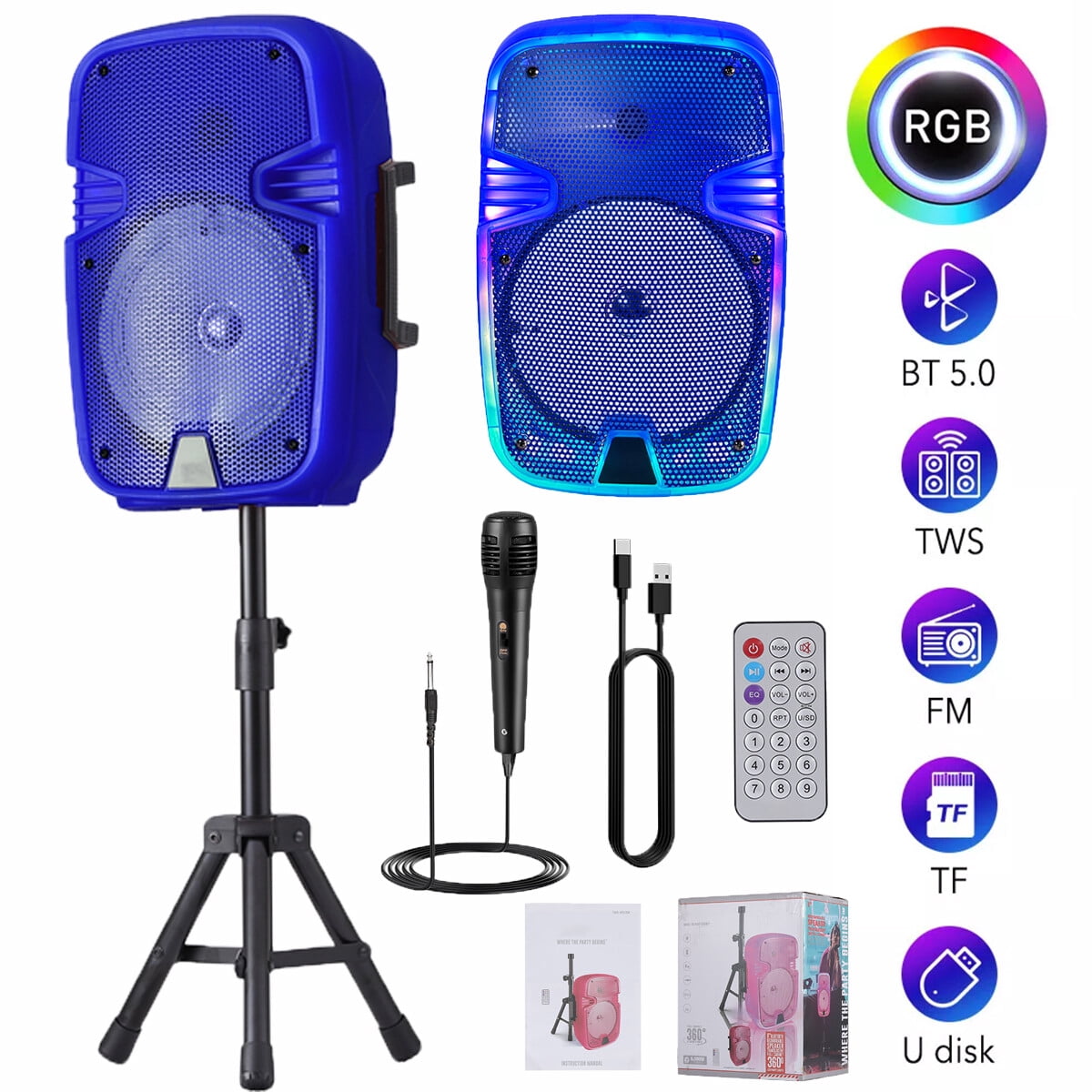 Portable Bluetooth Speaker 8" Woofer w/ Tripod Stand Microphone Remote Control Blue LED, Clear Shell