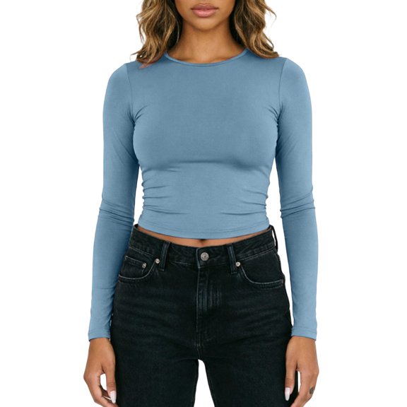 Bibifish Womens Cropped T-Shirt Long Sleeve Slim Fitted Tee Stretchy Soft Crew Neck Layering Top Fall Undershirt