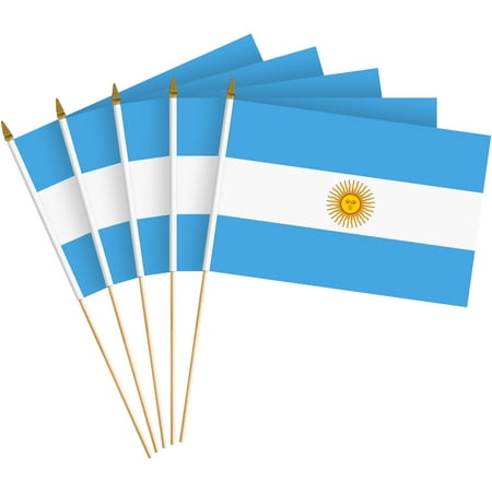G128 30 Pack Handheld Argentina Argentinian Stick Flags | 8x12 In | Printed 150D Polyester, Country Flag, Solid Wooden Stick, Spear Gold Tip
