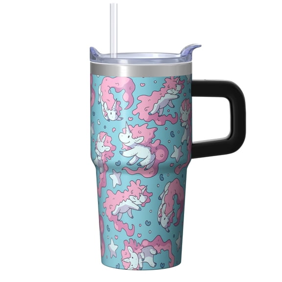 20OZ Unicorn Themed Cup with Handle and Reusable Straw Double Wall Stainless Steel Insulated Tumbler Coffee Mug Great Presents for Women Mom Friends on Birthday Christmas Thanksgiving