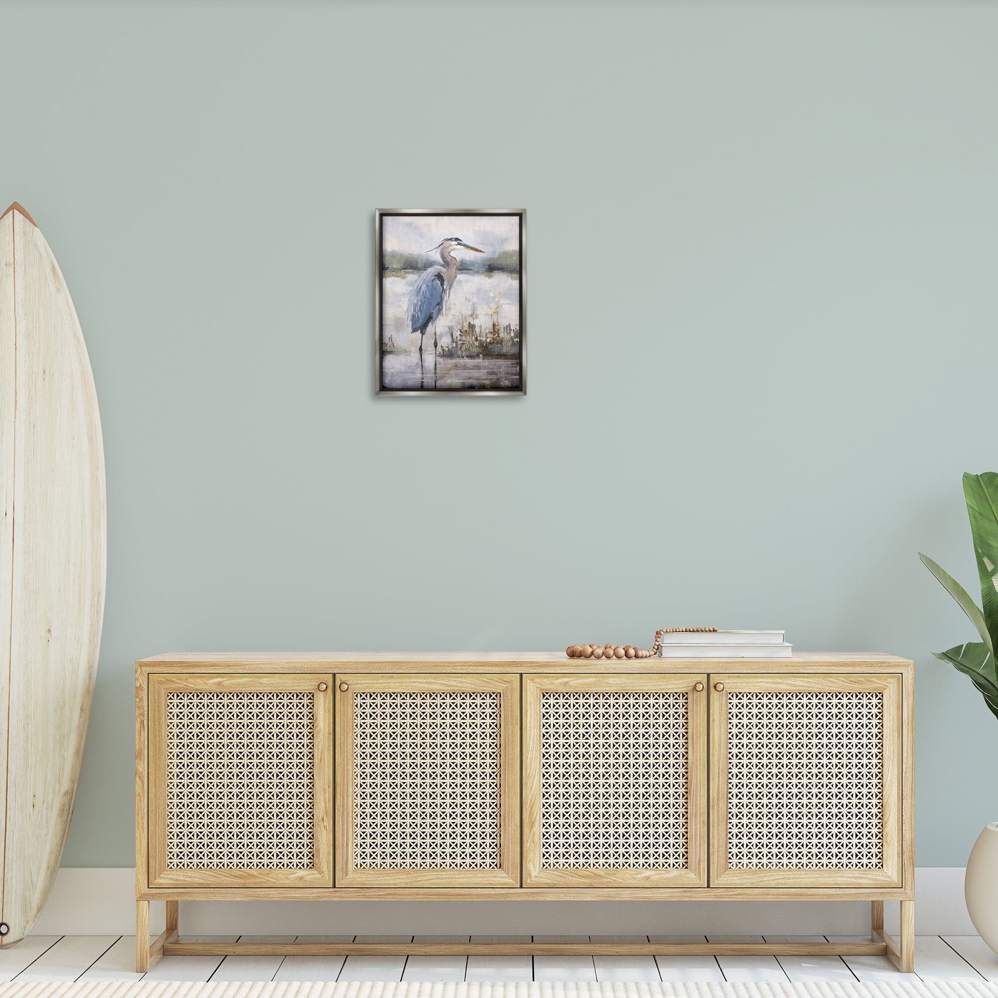 Stupell Industries Coastal Sea Heron Landscape & Nature Painting Gray Floater Framed Canvas Art Print Wall Art, 17 x 21