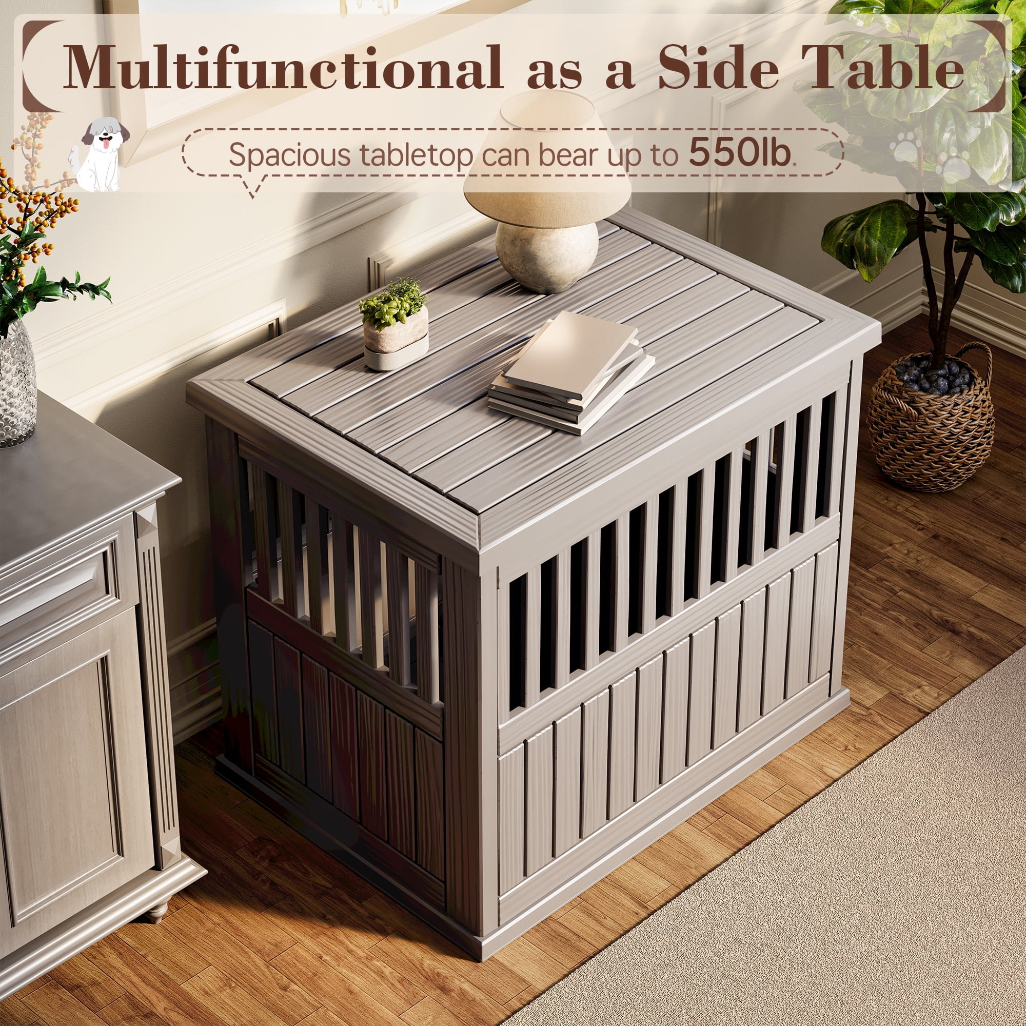 Bifanuo Dog Crate Furniture End Table, Decorative Plastic Kennel with Locking Latch for Medium to Large Breeds, Indoor, Gray