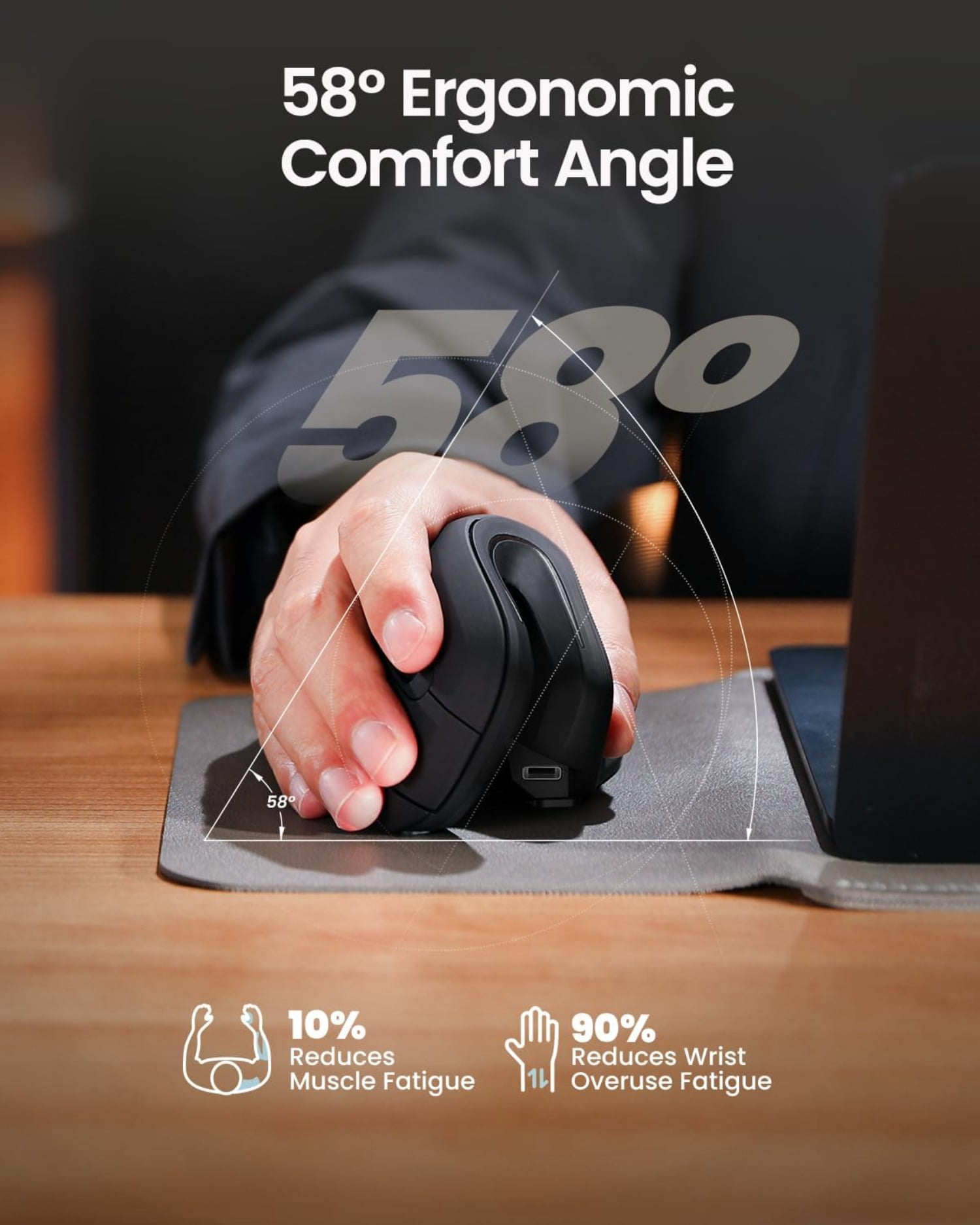 Ergonomic Mouse, EM11 NL Bluetooth Rechargeable Wireless Vertical Mouse, 3 Multi-Device Connectivity, Black