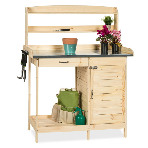 Best Choice Products Outdoor Garden Wooden Potting Bench Work Station w/  Metal Table Top, Cabinet - Natural