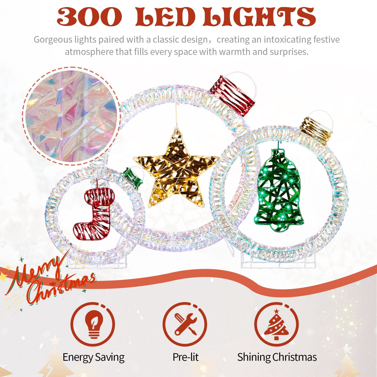 Set of 3 Lighted Iridescent Cut-out Light Bulb Christmas Decorations, Pre-lit Holiday Decor with 295 White LED Lights for Xmas Outdoor Indoor Decor Lighted Holiday Displays